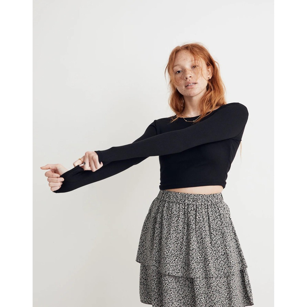 Madewell Black Fine Ribbed Supercrop Crewneck Long-Sleeve Tee Size Medium